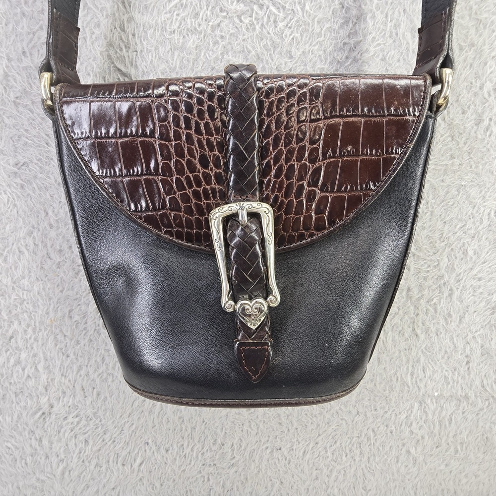 Vintage Brighton Black & Brown Croc Leather Purse Crossbody Bucket Bag Small